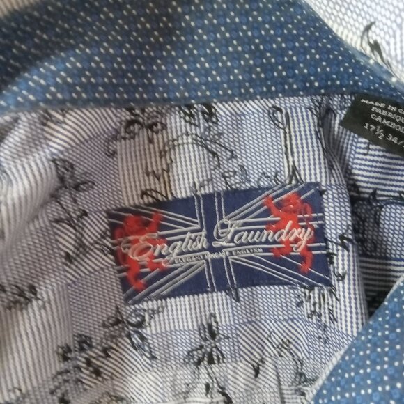 English Laundry Shirt Mens 17.5 XL Blue Check Flip Cuff Long Sleeve Classic - Picture 13 of 15